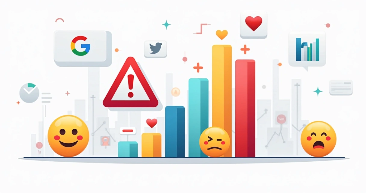 Ilustração corporativa flat de uma análise de sentimento com gráfico de barras, emojis positivos e negativos, e um símbolo de alerta indicando erros que impactam ROI