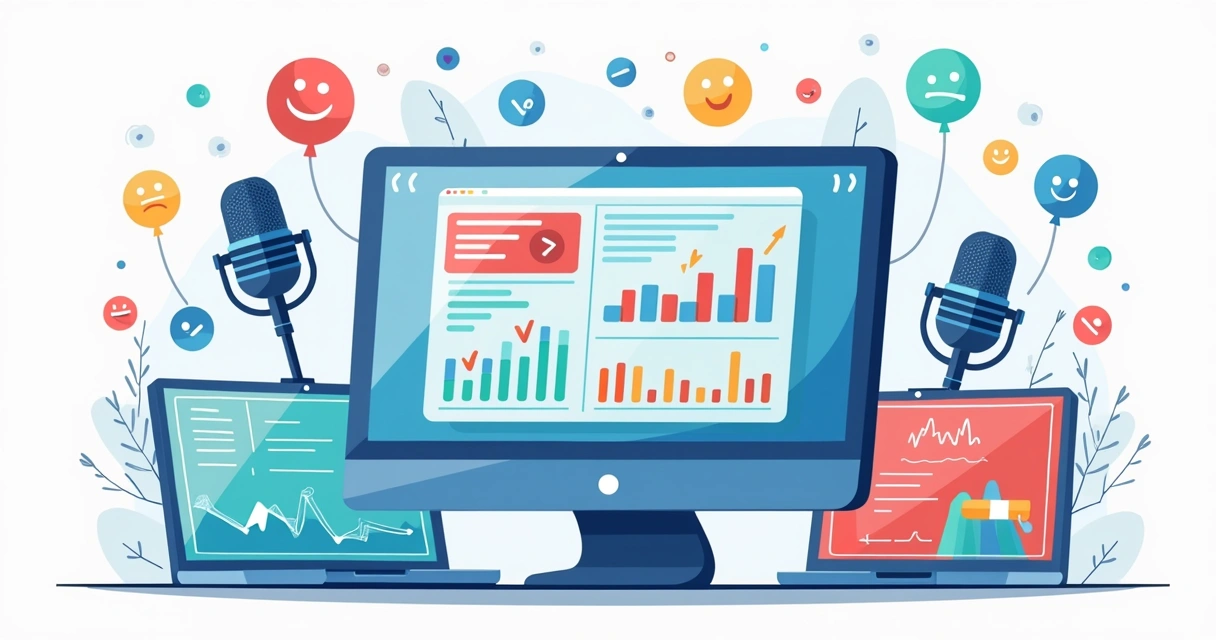 Gráfico colorido representando análise de sentimento em podcasts, com emojis felizes e tristes ao lado de microfones 