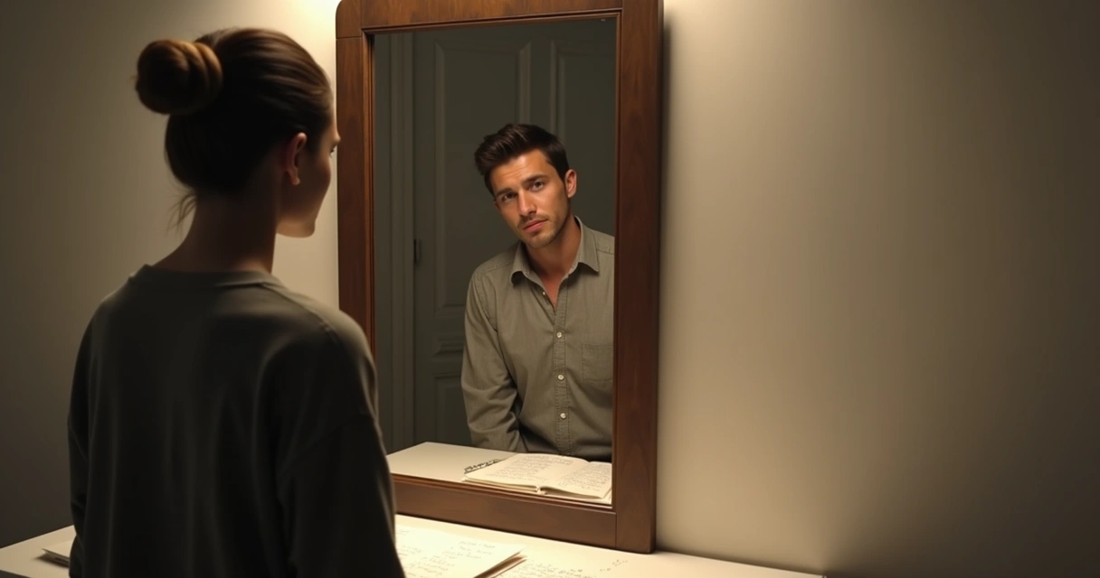 Pessoa olhando para o próprio reflexo em um espelho com expressão de autoconhecimento 