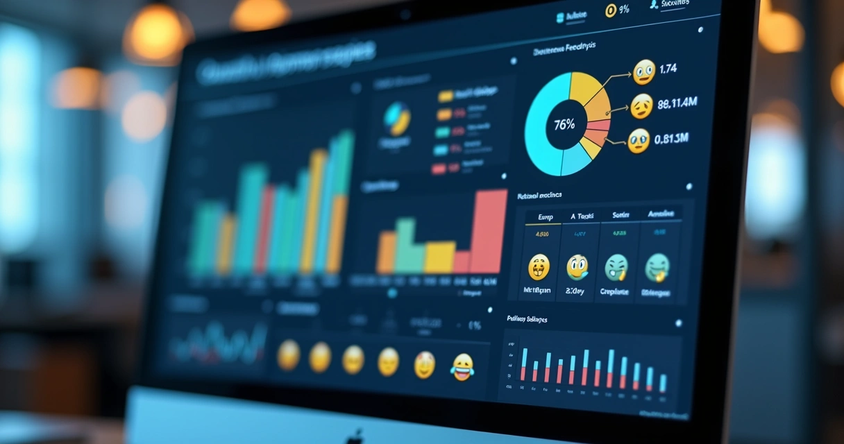 Painel digital mostrando análise de sentimentos dos feedbacks em gráficos de barras 