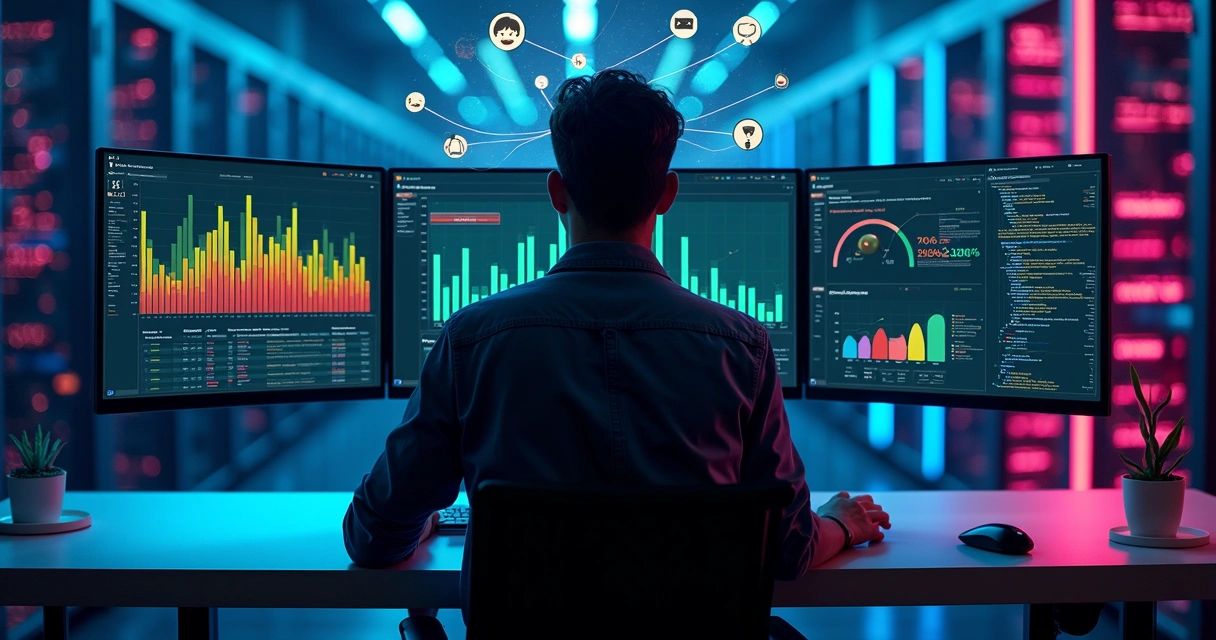 Painel digital exibindo análise de sentimentos com ícones de redes sociais e gráficos coloridos 