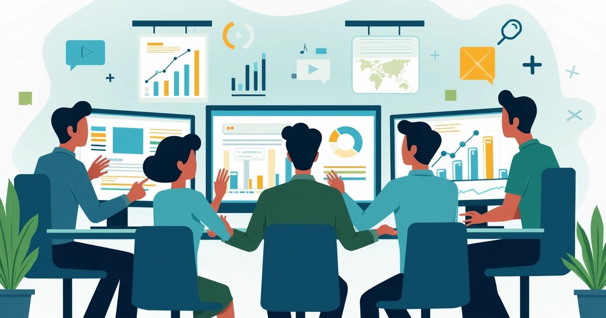 Equipe analisa gráficos de SEO em monitores