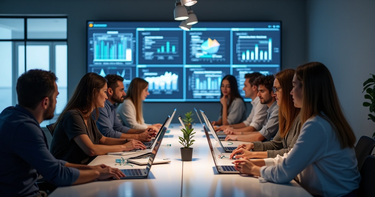 Equipe industrial reunida analisando dados de SEO 