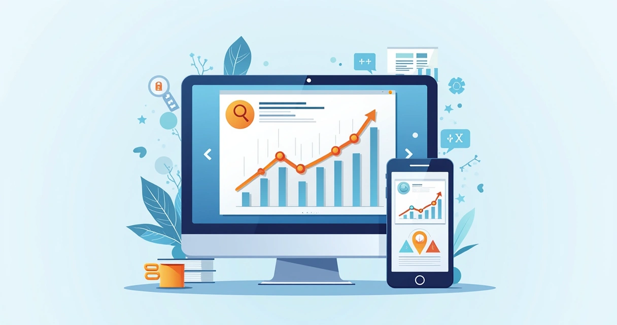 Gráfico de desempenho de site mostrando SEO e responsividade em diferentes dispositivos 