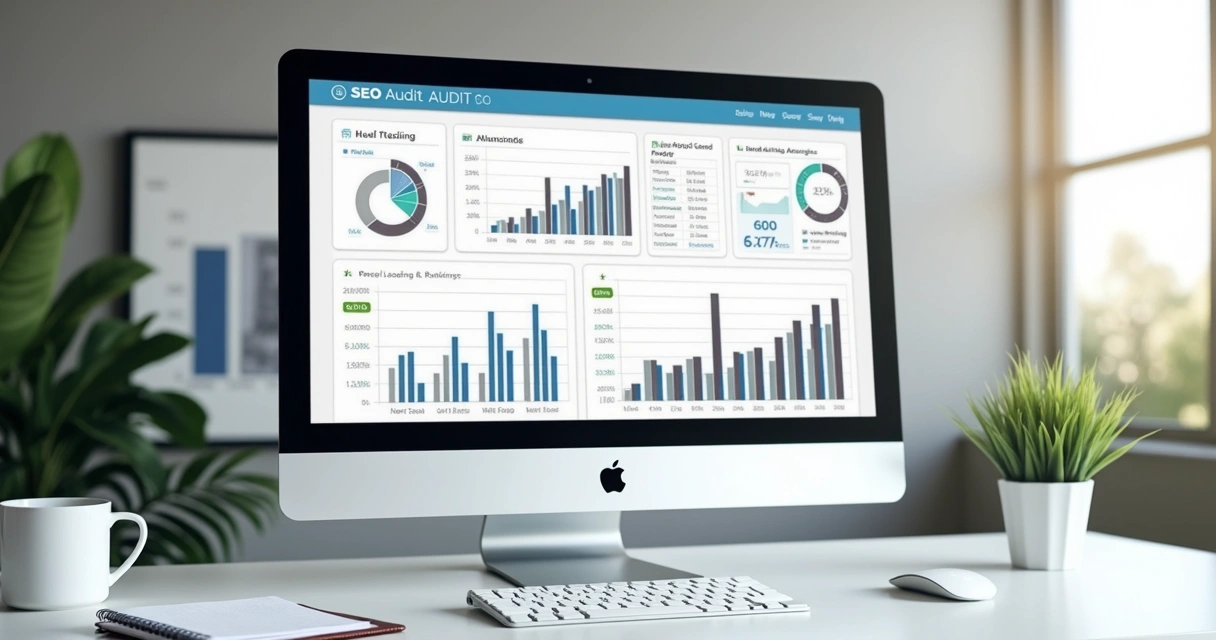 Tela de computador com gráficos de análise de SEO e velocidade de site 