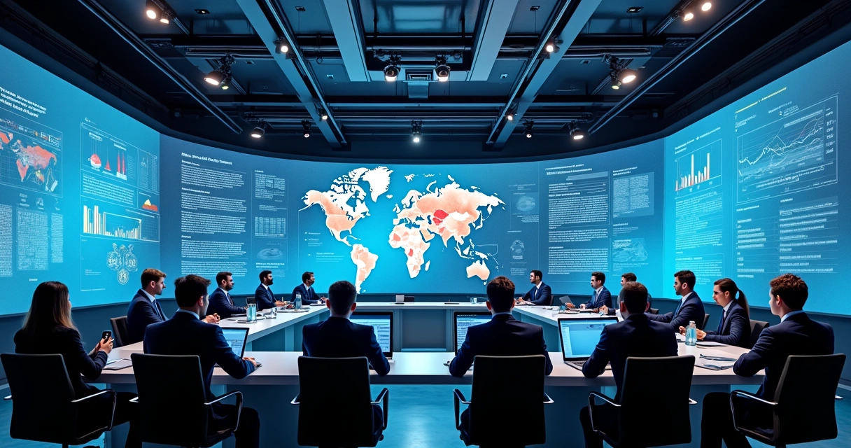 Profissionais de setores diversos analisando gráficos e mapas de mercado 