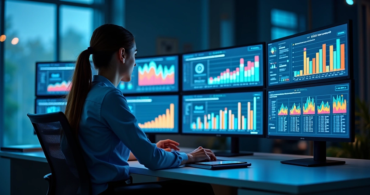 Profissional analisando vários gráficos de mídia digital em vários monitores 