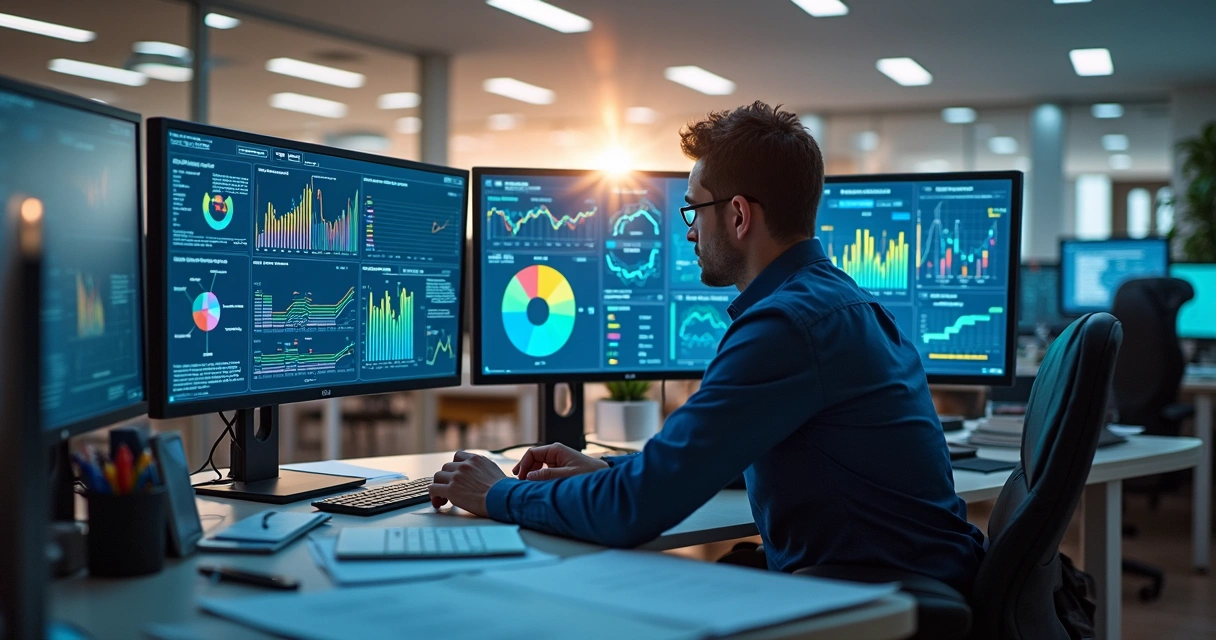 Profissional analisando gráficos em múltiplas telas de computador, com destaque para relatórios de sistemas empresariais