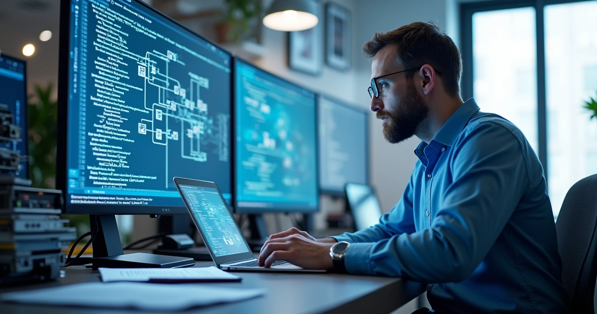 Especialista de TI analisando fluxos de sistemas legados antigos em um monitor 
