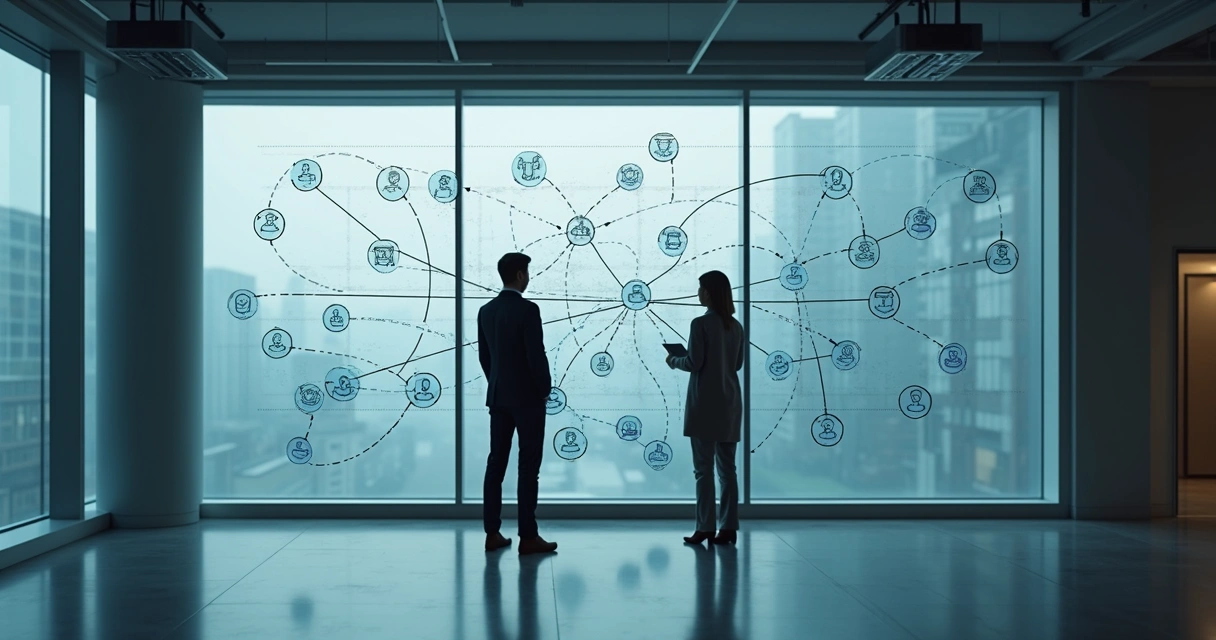 Painel com conexões entre pessoas, dados e processos