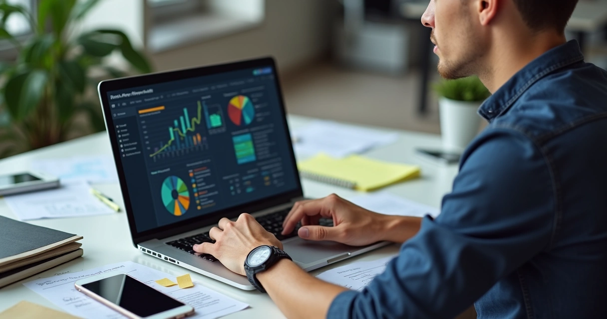 Profissional analisando relatórios de SEO e site no notebook 
