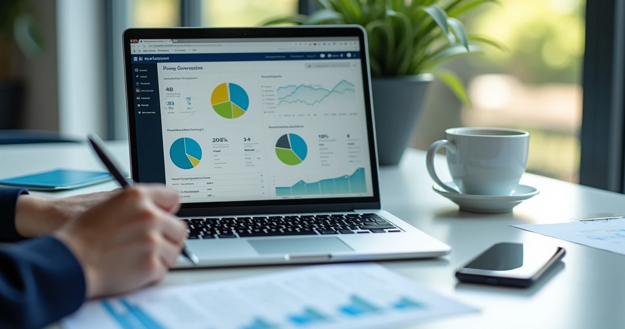 Painel com métricas digitais e análise de site em notebook