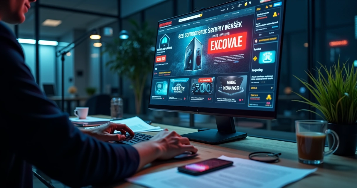 Profissional analisa site de distribuidor suspeito destacando sinais de alerta na tela 