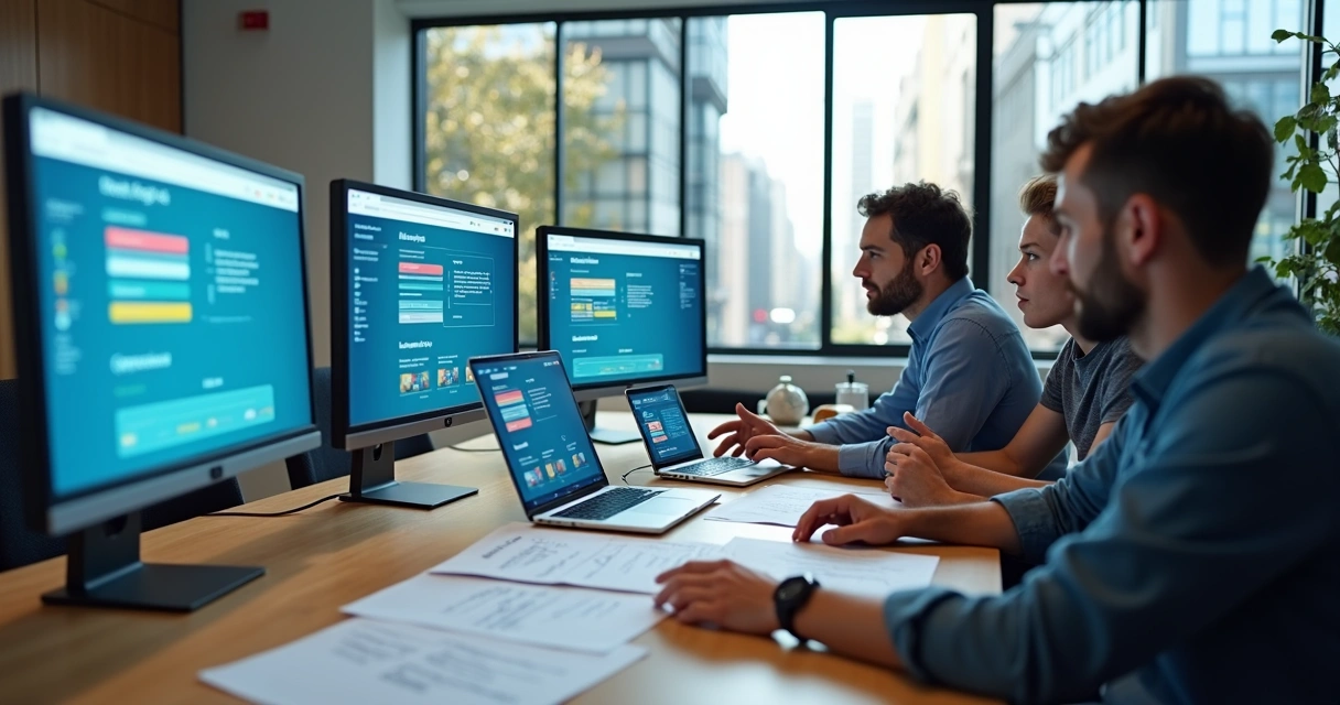 Equipe analisando design responsivo em monitores e dispositivos 