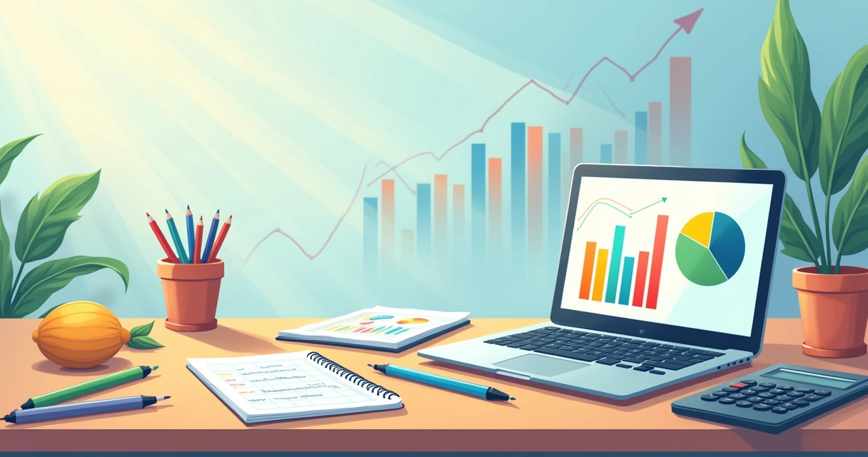 Espaço de trabalho financeiro com laptop, gráfico de despesas, categorias e canetas coloridas sobre a mesa.