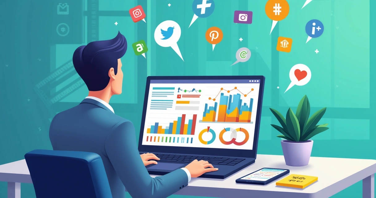 Pessoa analisando dashboard de social listening em notebook, gráficos e menções por todo o monitor 