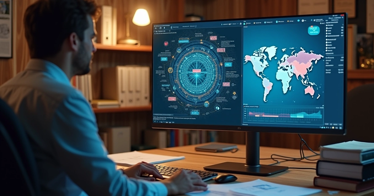 Advogado analisando gráfico em computador com opções de consultoria e software pronto