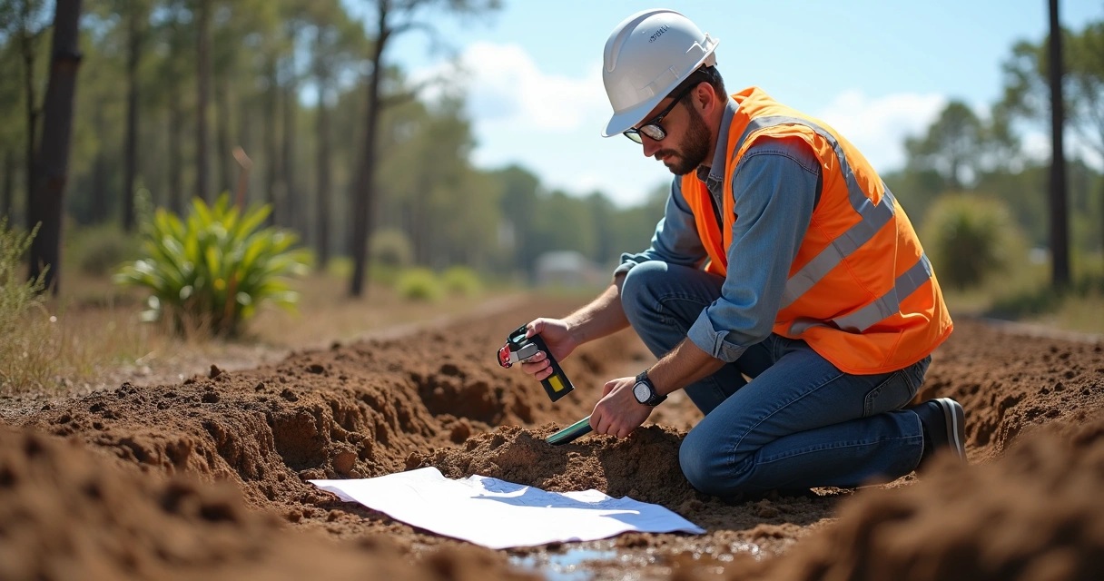 Engenheiro analisando solo úmido para construção de fundação