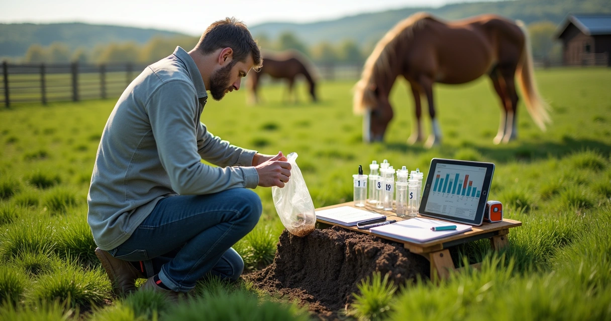 Agrônomo analisando solo em piquete de cavalos ao lado de amostras em tubos 