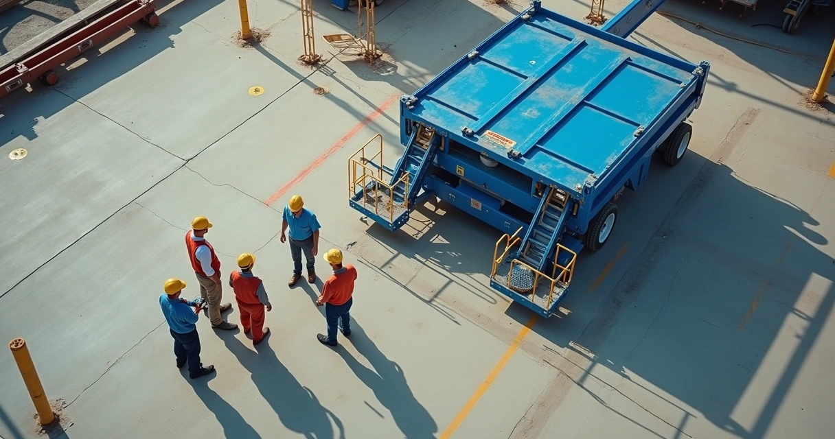 Equipe analisando solo antes de operar plataforma elevatória móvel