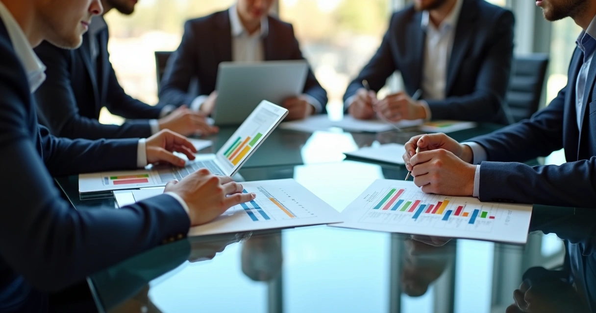 Reunião de advogados analisando gráficos e listas em laptops 