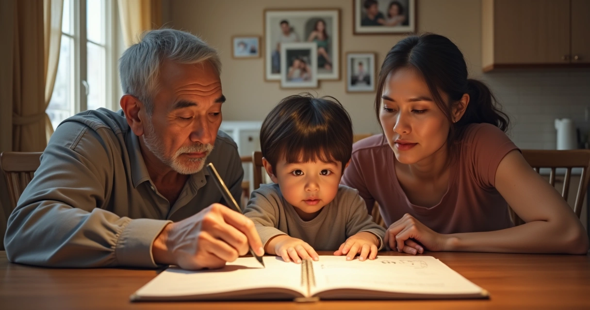 Família olhando juntos para um caderno de anotações de sonhos