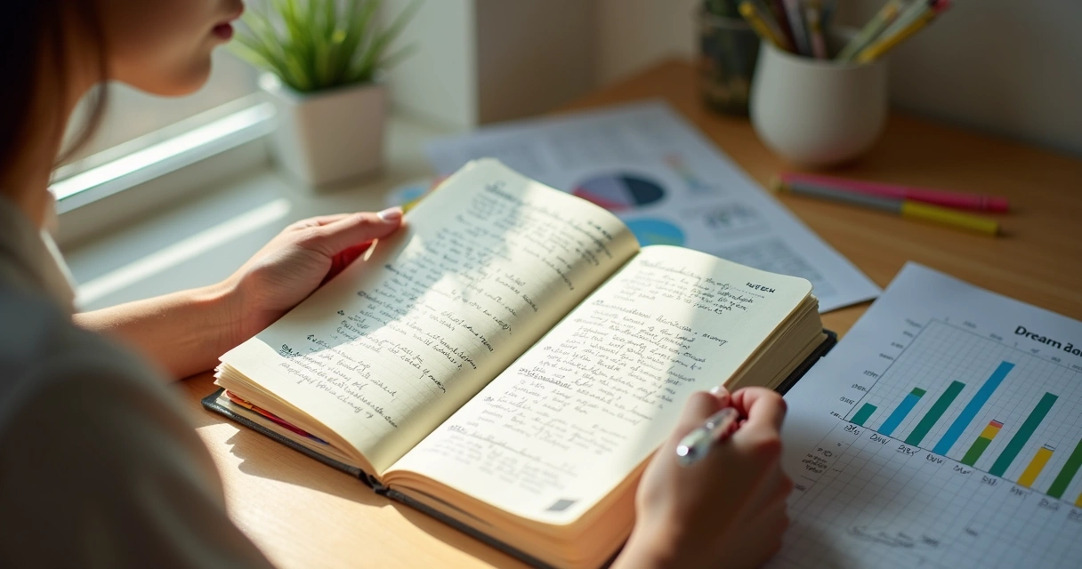 Pessoa analisando caderno de sonhos com gráficos mensais 