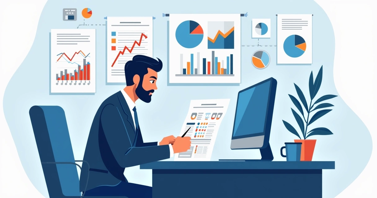 Profissional analisando formulários com dados de seguro, gráficos ao fundo 