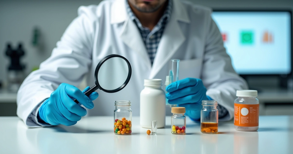 Nutricionista avaliando suplementos em bancada de laboratório moderno 