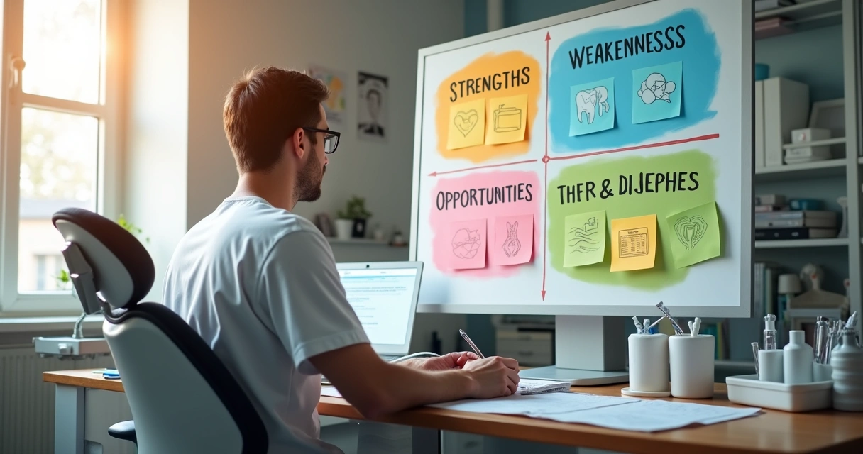 Quadro SWOT com pontos fortes e fracos de uma clínica odontológica 