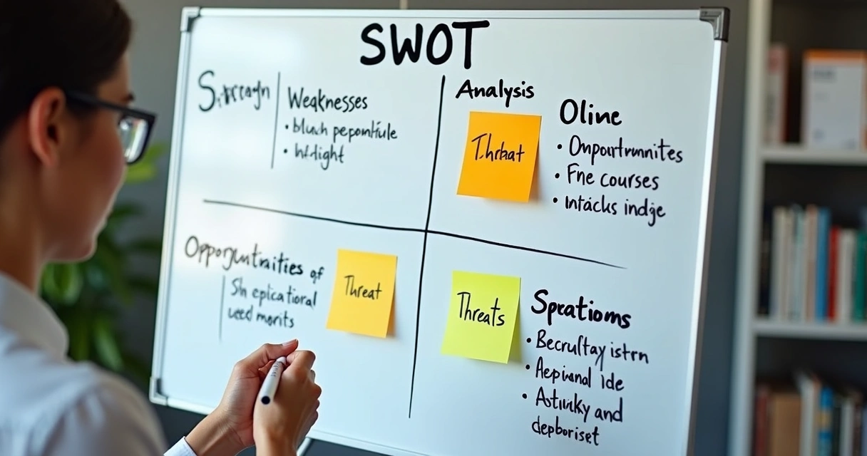 Matriz SWOT preenchida em quadro branco sobre cursos online 