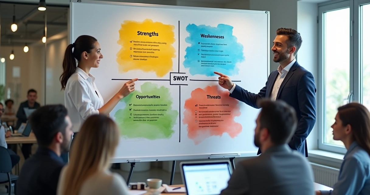 Diagrama colorido de matriz SWOT aplicada a uma empresa brasileira 