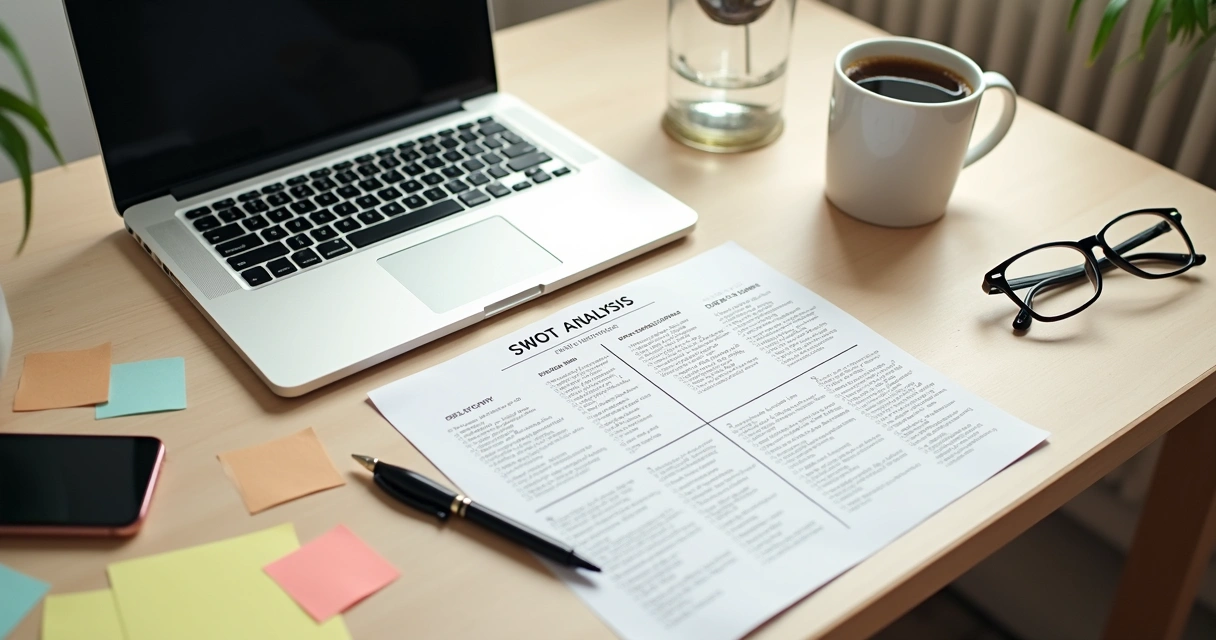 Folha com análise SWOT preenchida ao lado de notebook e caneca