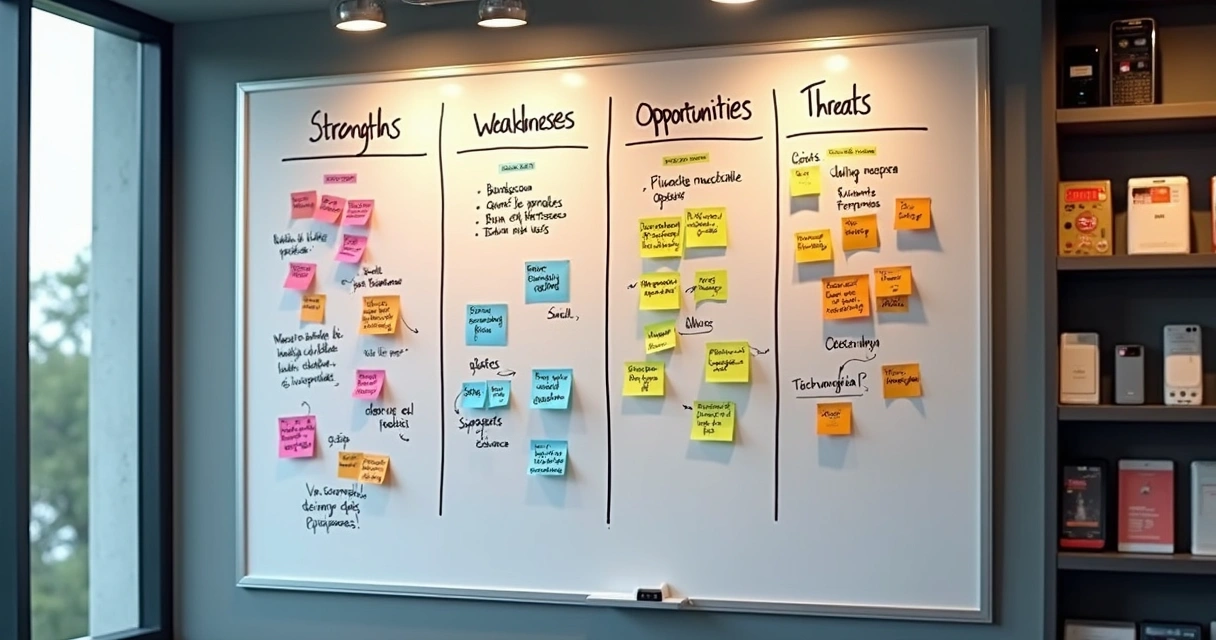 Quadro de SWOT com forças, fraquezas, oportunidades e ameaças desenhadas 