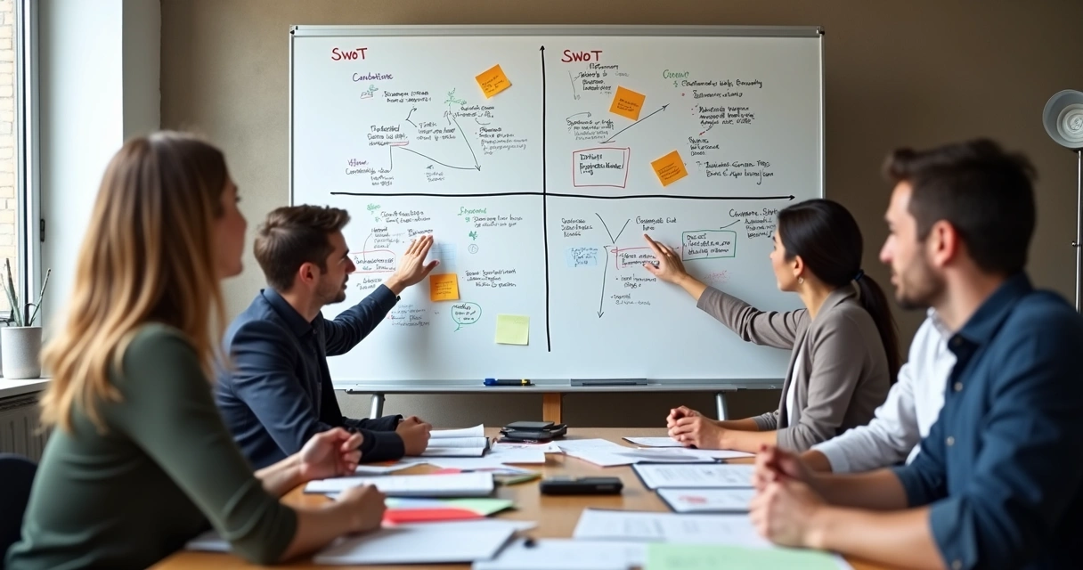 Quadro SWOT preenchido com exemplos reais de forças, fraquezas, oportunidades e ameaças 