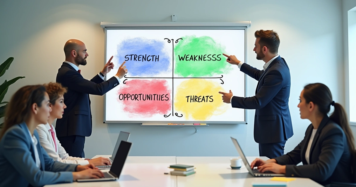 # PE 2025 4 Análise SWOT em quadrante sendo discutida em reunião