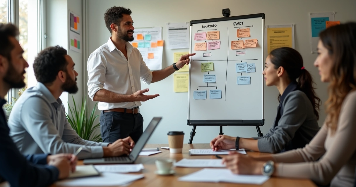 Empresário apresenta quadro de análise SWOT em sala de reunião pequena 