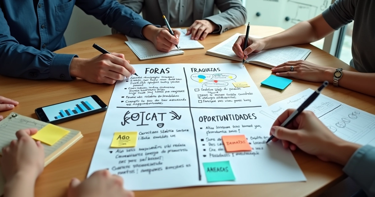 Quadro de análise SWOT preenchido em mesa de reunião de pequena empresa 