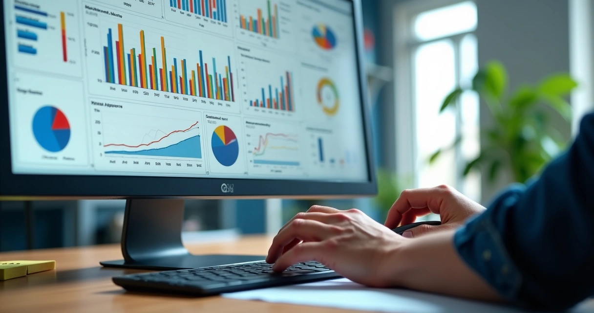 Tela de computador mostrando dashboard de Excel com gráficos dinâmicos coloridos 