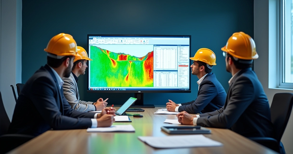 Engenheiros analisando modelo de talude em tela de computador 