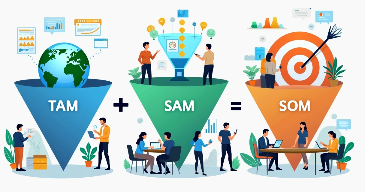 Gráfico mostrando etapas do cálculo de TAM, SAM e SOM em SaaS B2B 