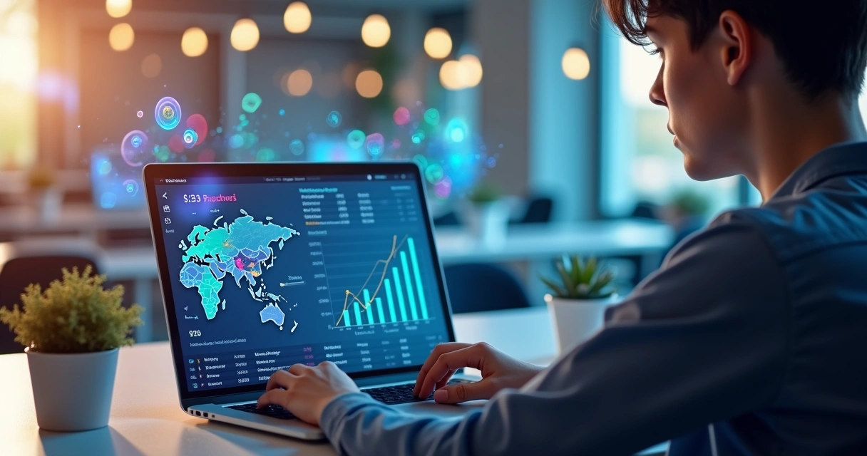 Pessoa analisando gráfico de tarifas aéreas em laptop com tabelas e mapas coloridos 