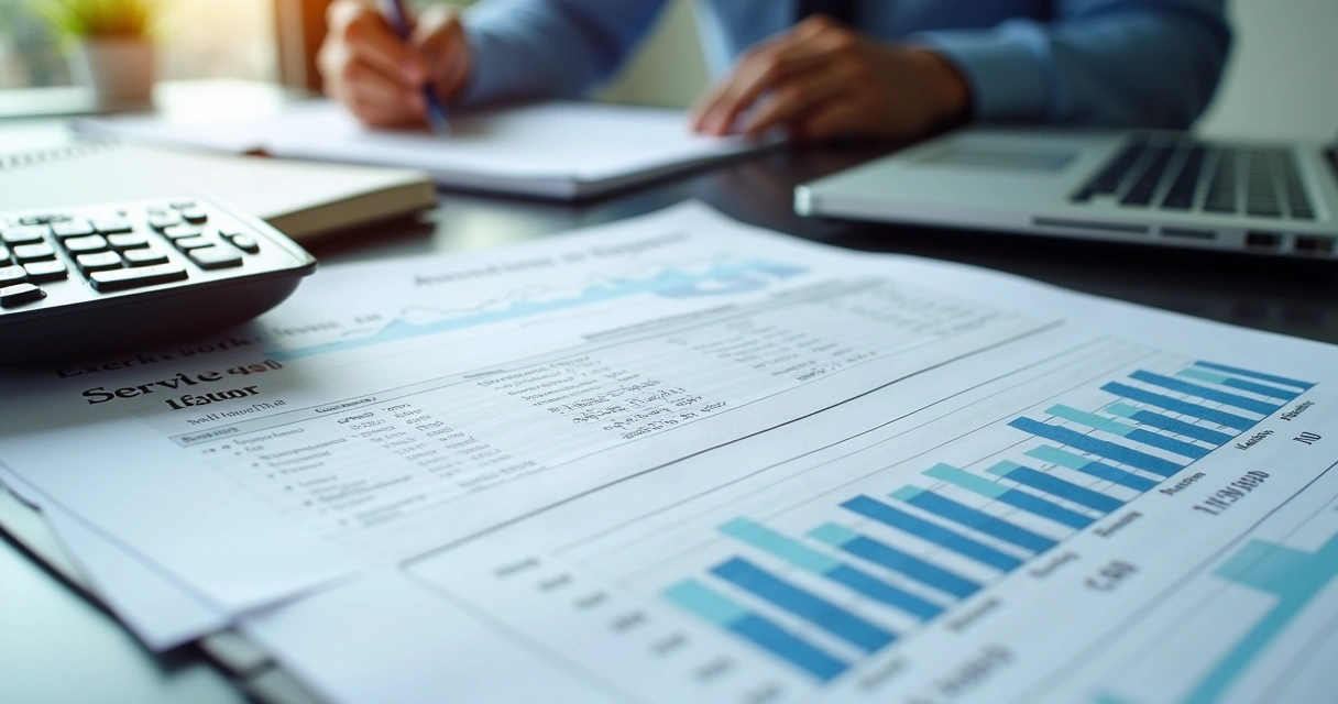 Relatório financeiro com tarifas bancárias e calculadora na mesa 