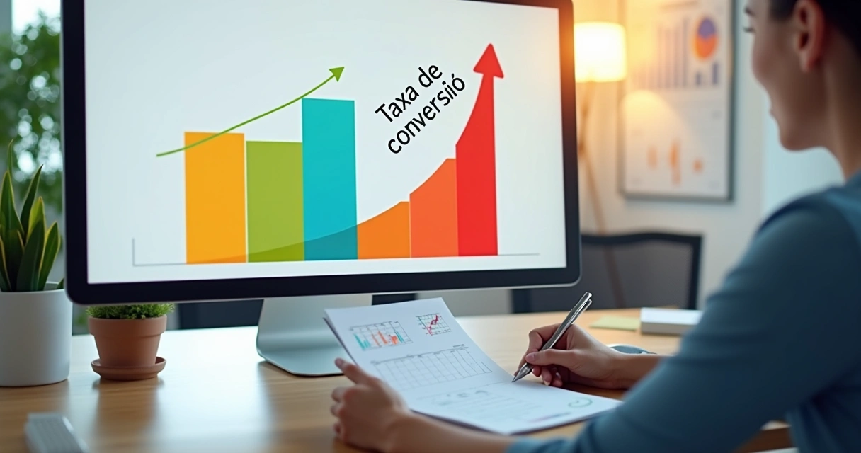 Gráfico colorido mostrando aumento da taxa de conversão em uma tela de computador 