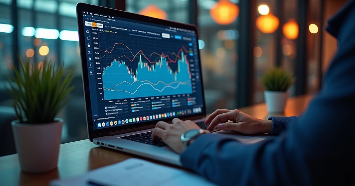 Tela de computador mostrando gráficos financeiros e cálculo de taxas em marketplace 