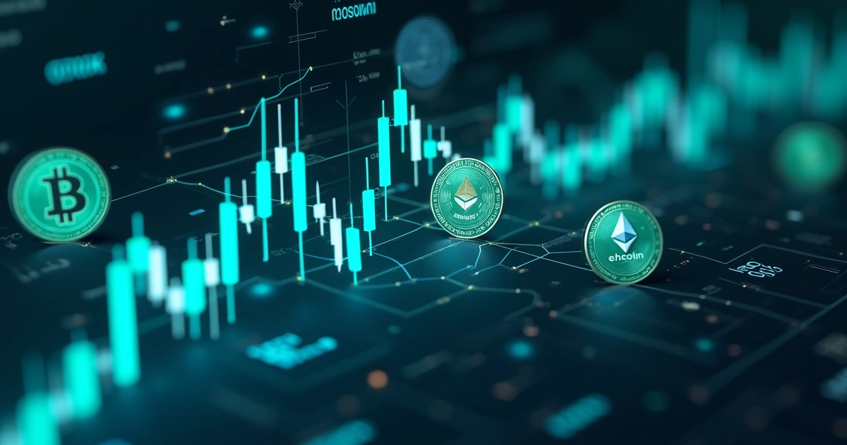 Gráfico digital de taxas de transação em blockchain com ícones de moedas 