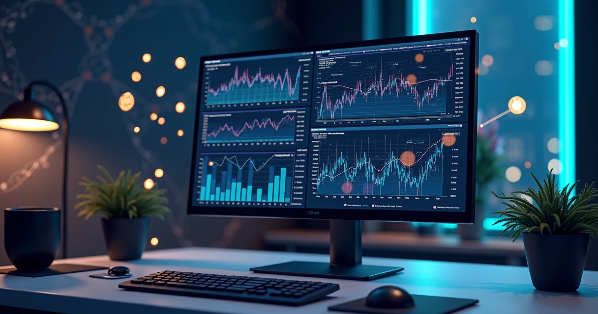 Representação digital de uma análise de taxas de transação em blockchain para empresas com gráficos coloridos e códigos binários ao fundo 