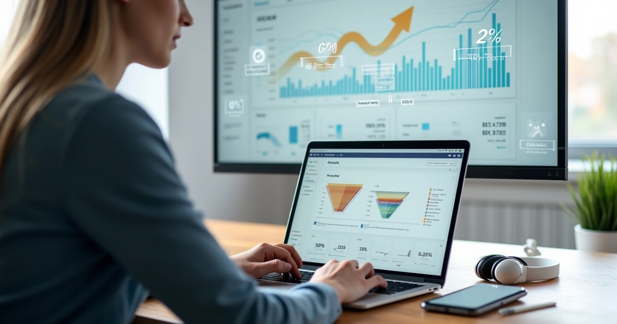 Profissional analisando painel de métricas de conversão em laptop com gráficos e funil de vendas 
