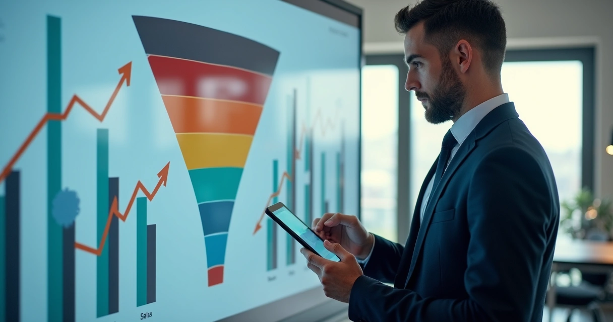 Homem de negócios com tablet mostrando gráficos de conversão, pipeline colorido ao fundo 