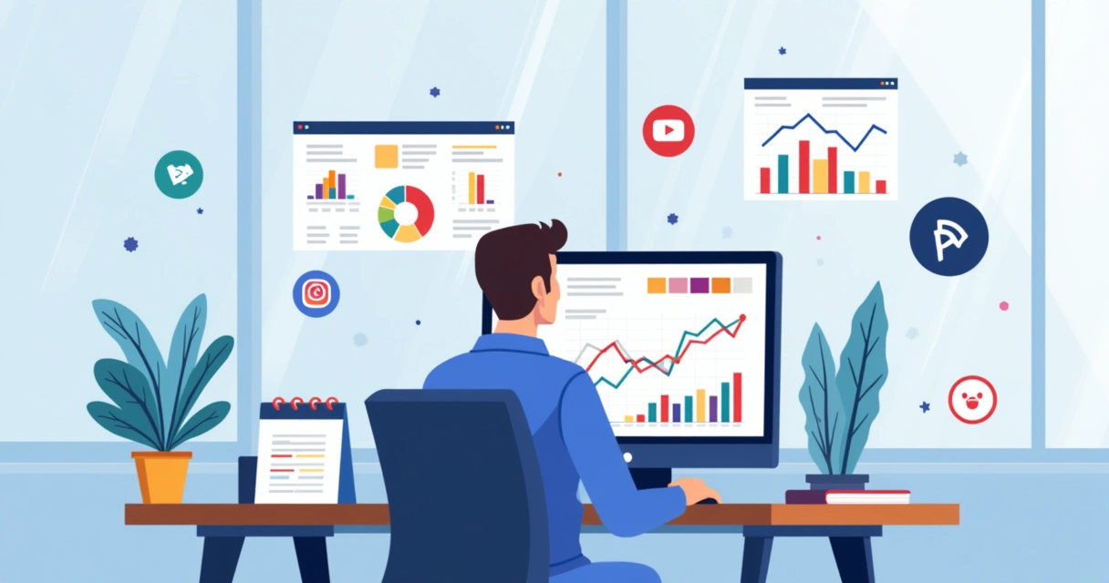 Ilustração corporativa de analista observando gráficos de taxa de rejeição em campanhas de influenciadores com computador e ícones de redes sociais ao redor 